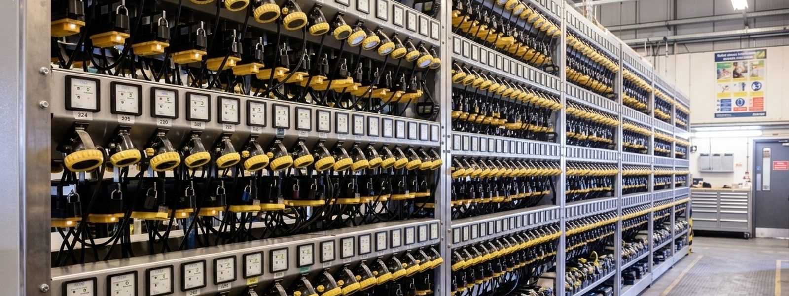 Rows of cap lamps on metal charging racks in a mine lamproom, thousands of lamps and tags charging in one area.